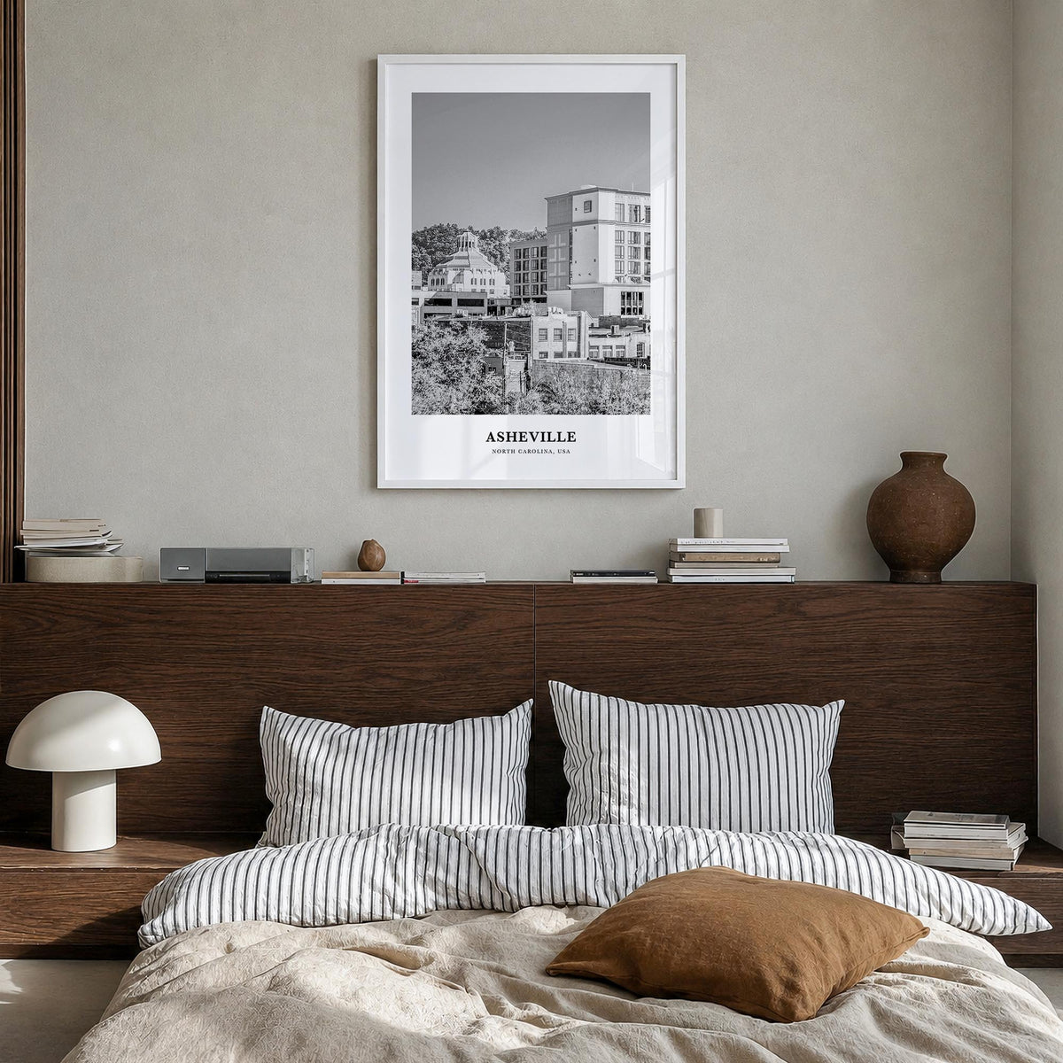 Asheville no. 1 black & white classic poster of North Carolina, USA – vertical wall art in white wood frame, hanging on wall