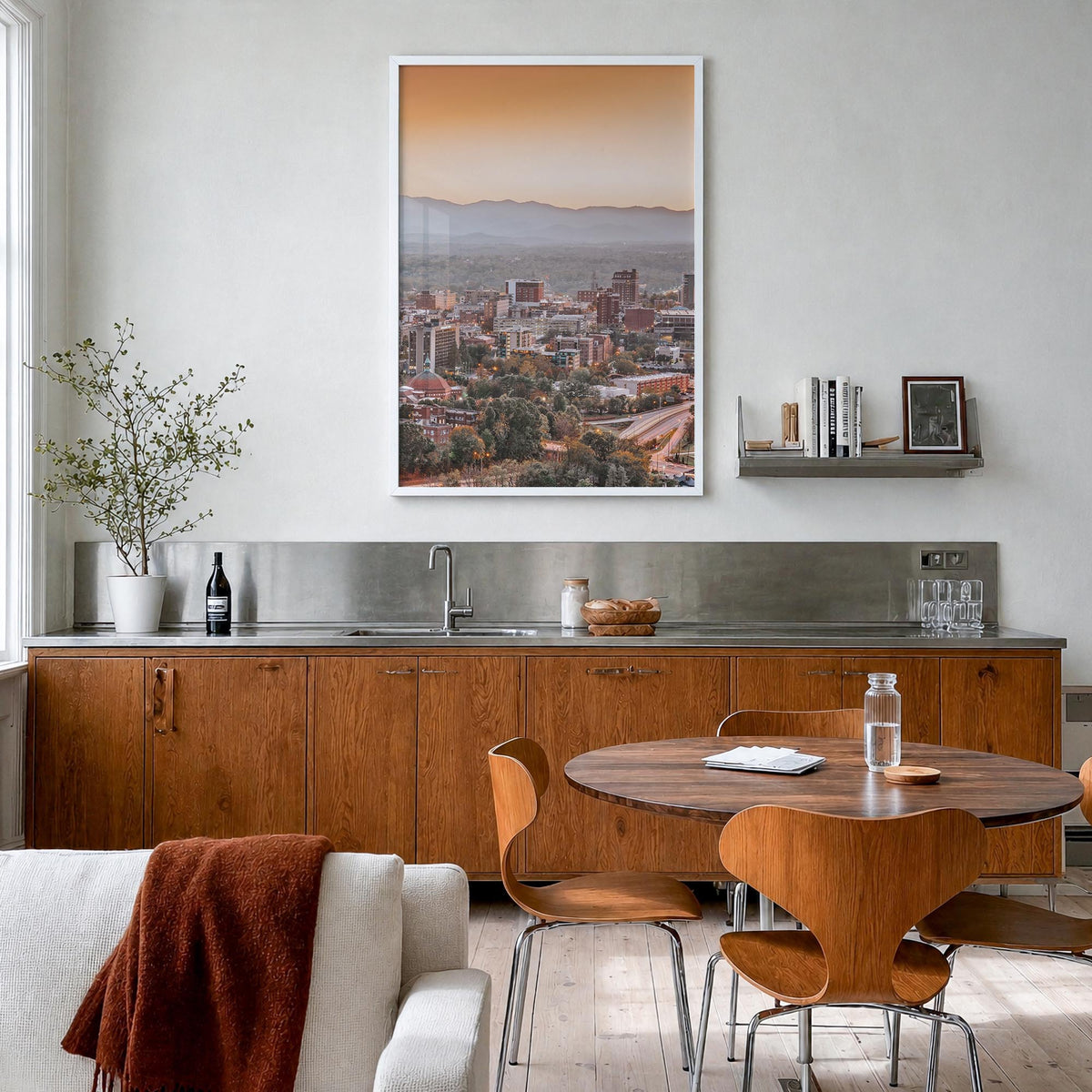Asheville no. 1 colorful photo poster of North Carolina, USA – vertical wall art in white wood frame, hanging on wall