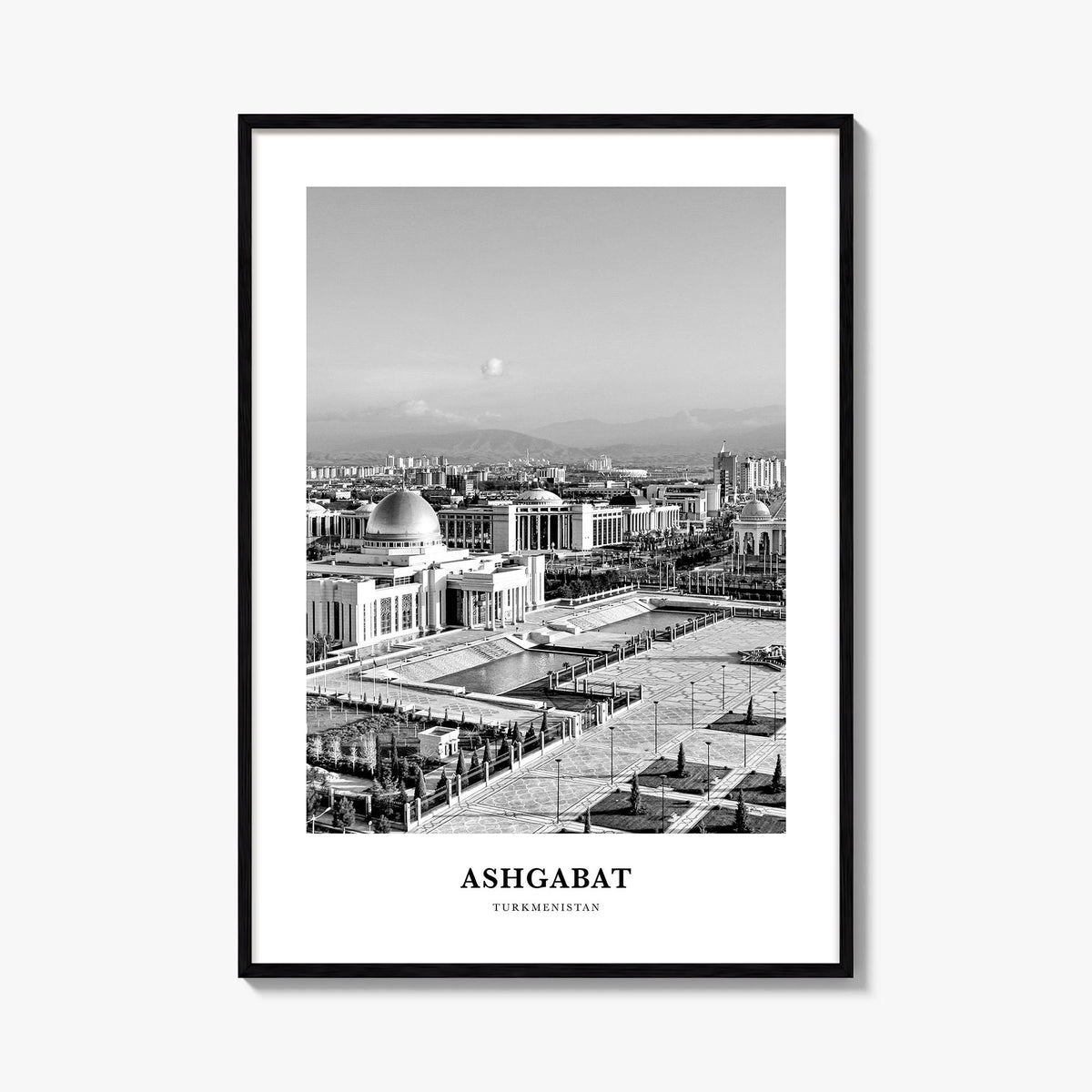 Ashgabat black & white classic poster of Turkmenistan – vertical wall art, unframed print shown in interior mockup