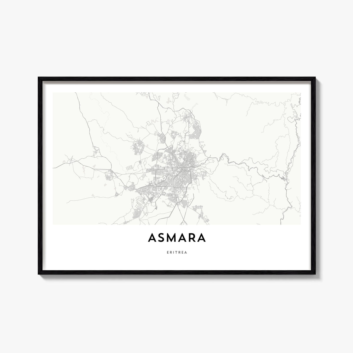 Asmara black & white map poster of Eritrea – horizontal wall art, unframed print shown in interior mockup