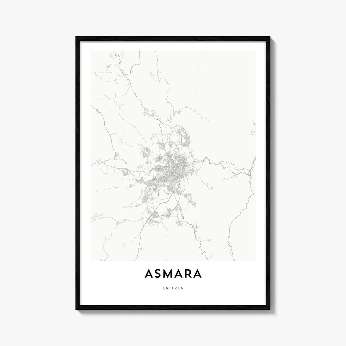 Asmara black & white map poster of Eritrea – vertical wall art, unframed print shown in interior mockup