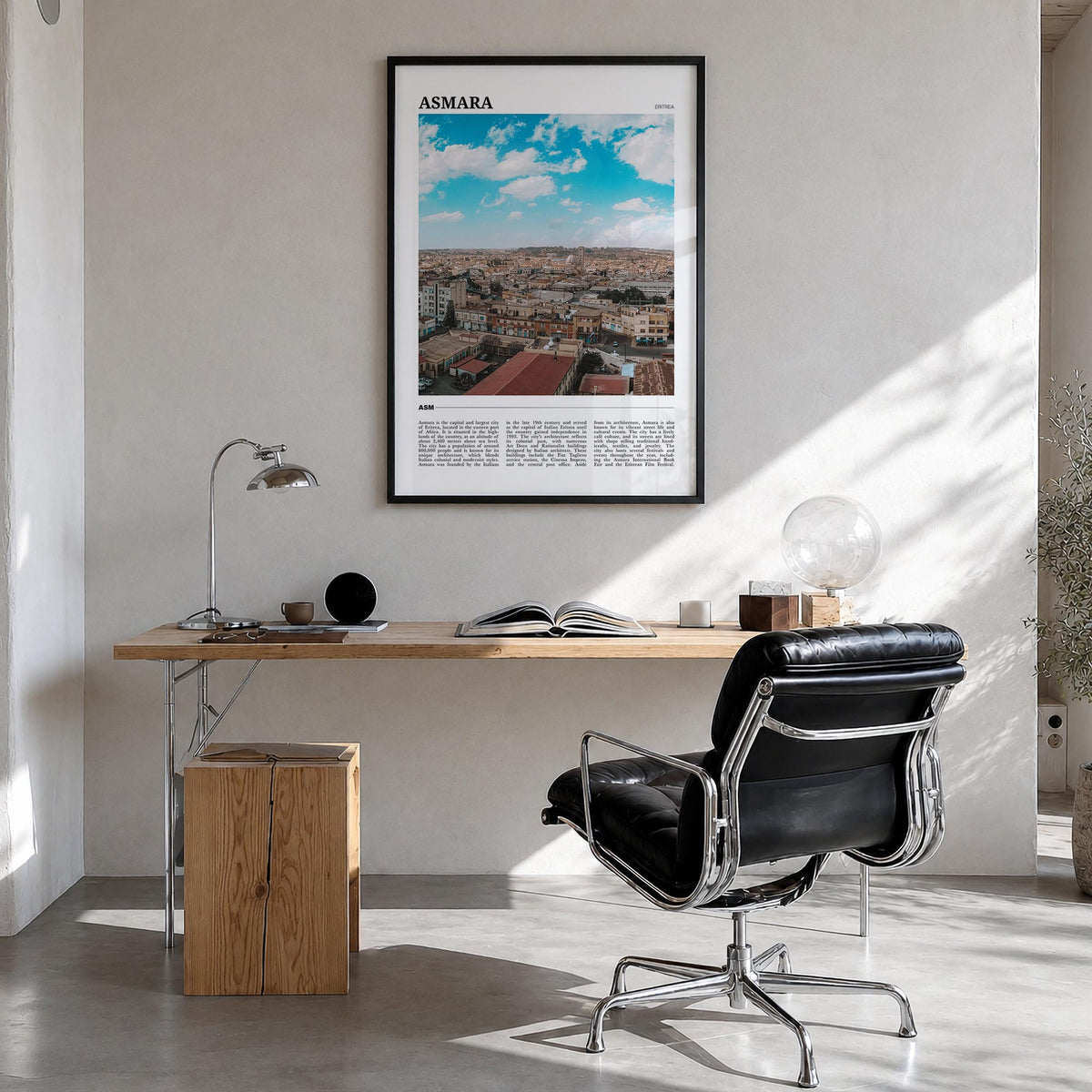 Asmara no. 1 colorful travel poster of Eritrea – vertical wall art in black wood frame, hanging on wall