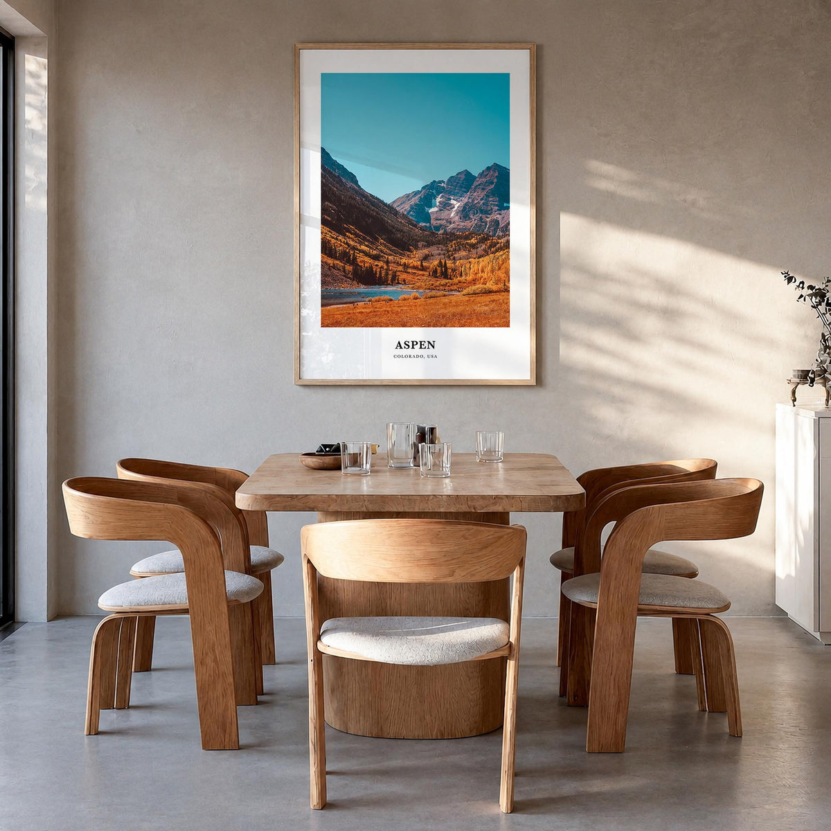 Aspen colorful classic poster of Colorado, USA – vertical wall art in natural wood frame, hanging on wall