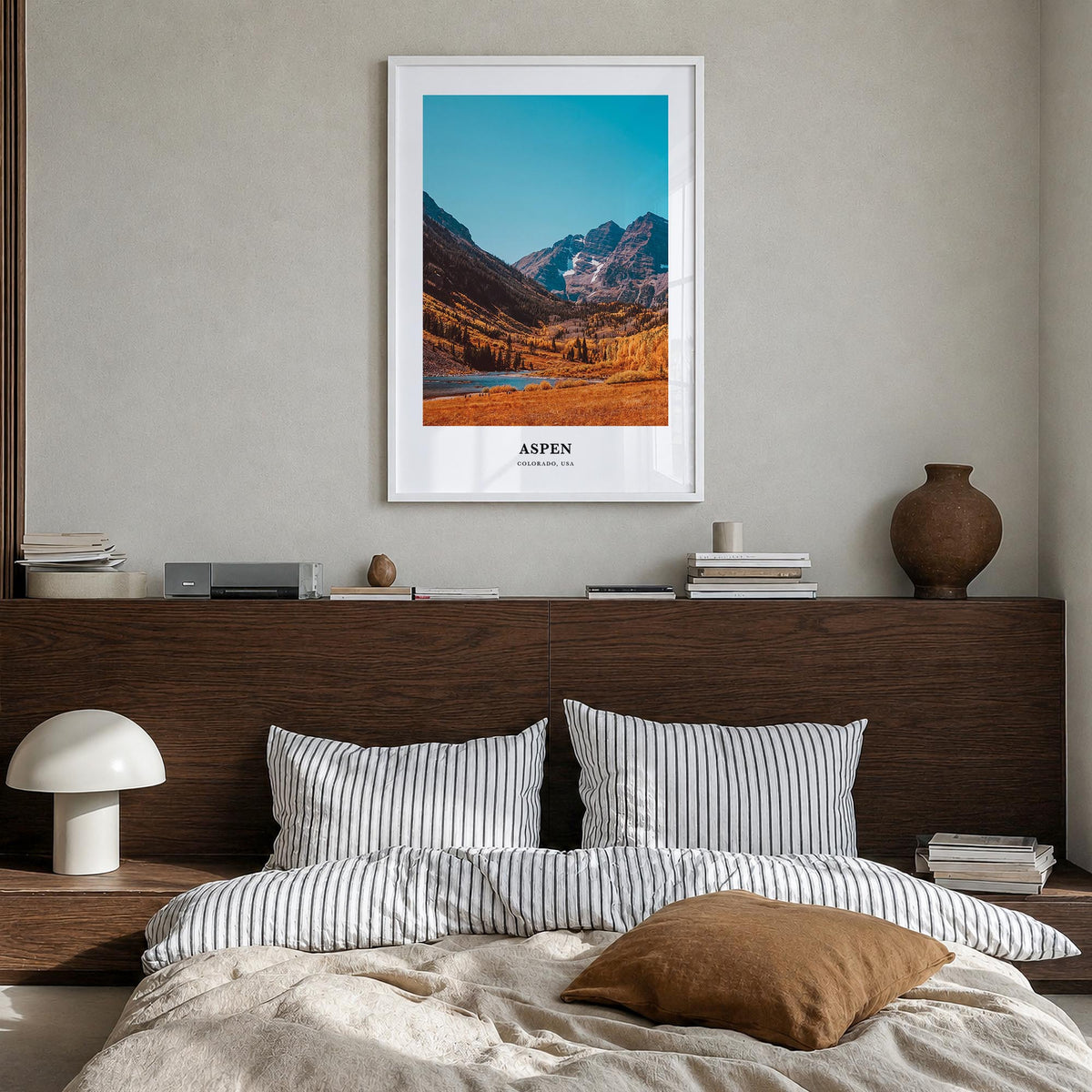 Aspen colorful classic poster of Colorado, USA – vertical wall art in white wood frame, hanging on wall