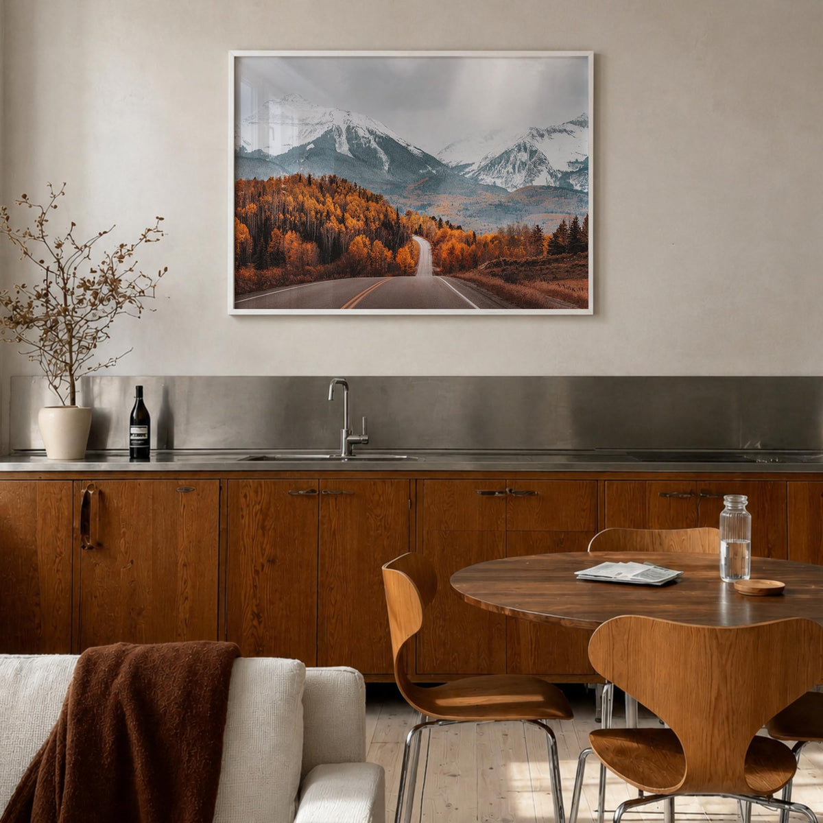 Aspen colorful photo poster of Colorado, USA – horizontal wall art in white wood frame, hanging on wall