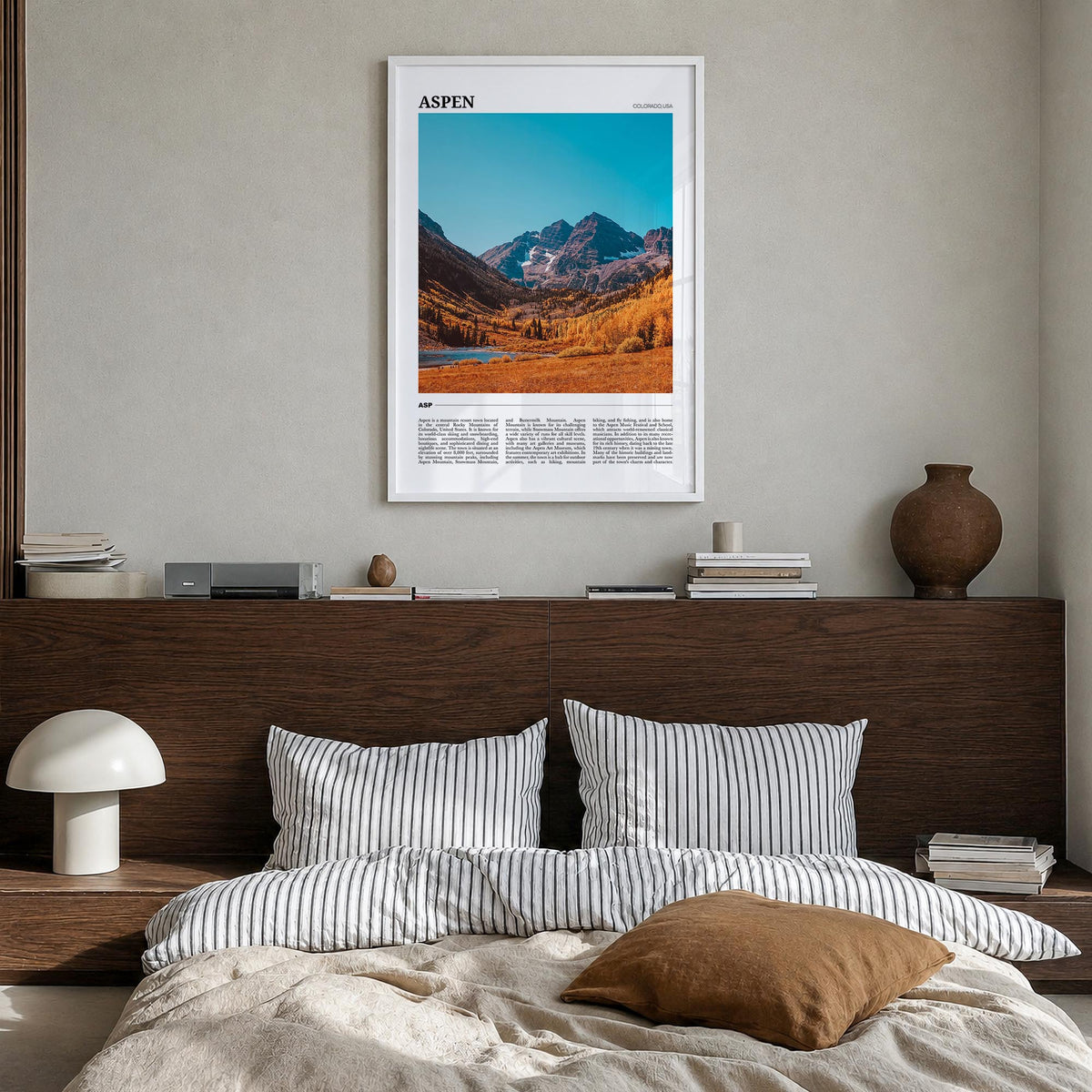 Aspen colorful travel poster of Colorado, USA – vertical wall art in white wood frame, hanging on wall