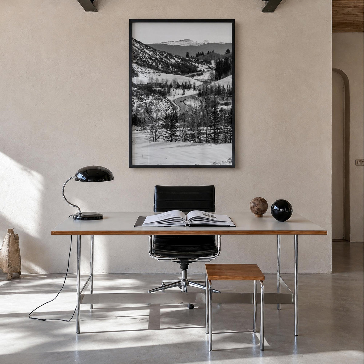 Aspen no. 1 black & white photo poster of Colorado, USA – vertical wall art in black wood frame, hanging on wall