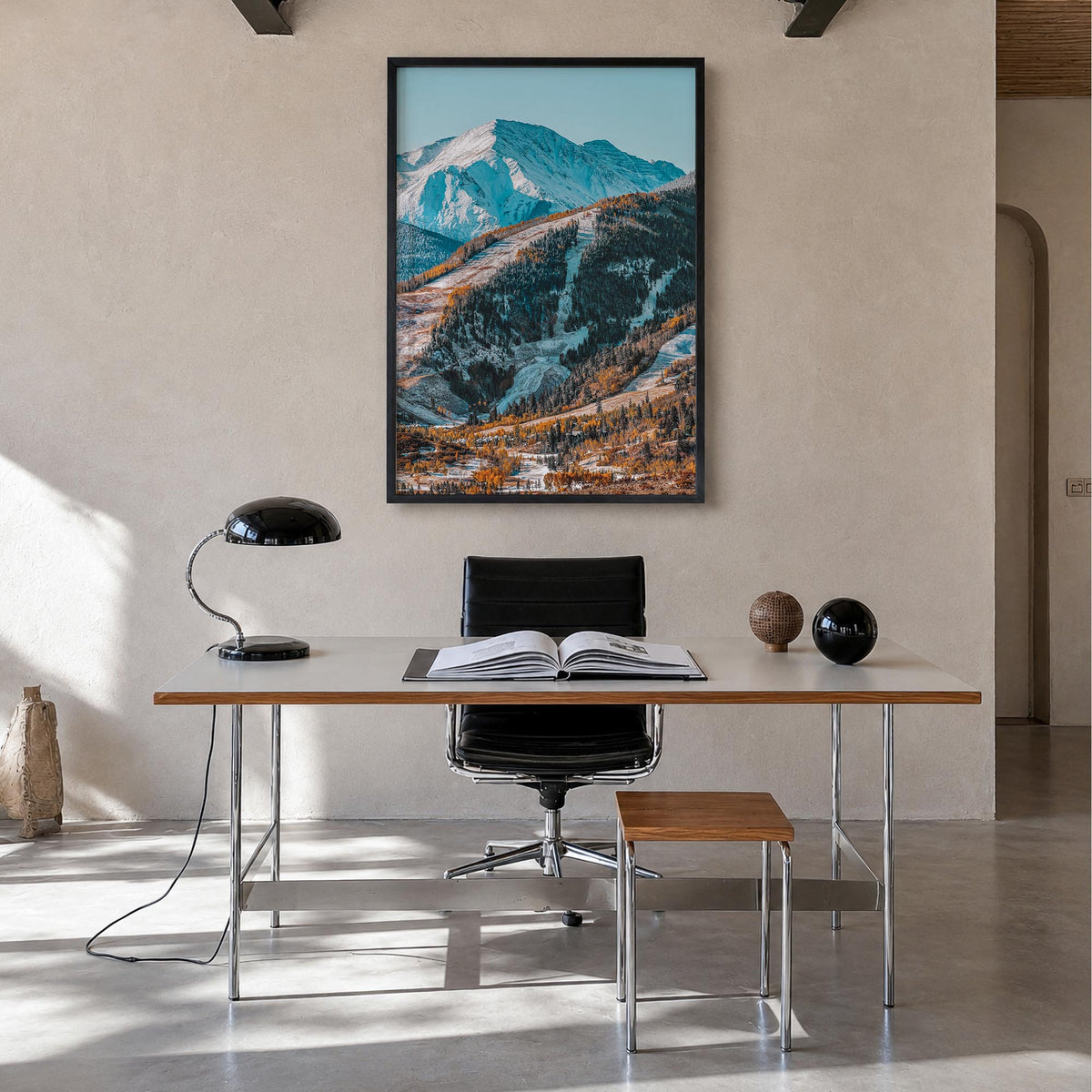 Aspen no. 1 colorful photo poster of Colorado, USA – vertical wall art in black wood frame, hanging on wall