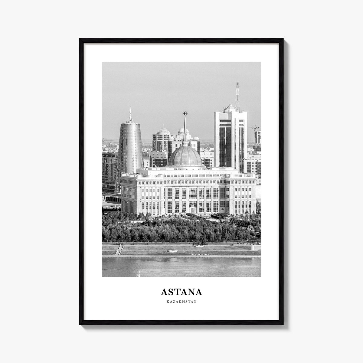Astana black & white classic poster of Kazakhstan – vertical wall art, unframed print shown in interior mockup