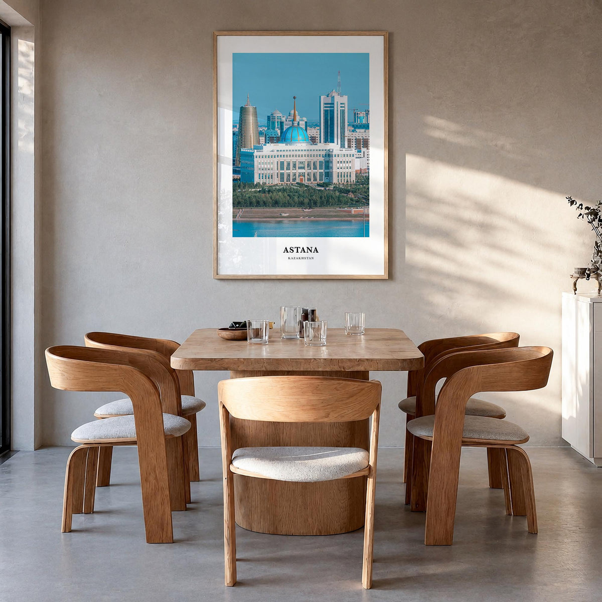 Astana colorful classic poster of Kazakhstan – vertical wall art in natural wood frame, hanging on wall