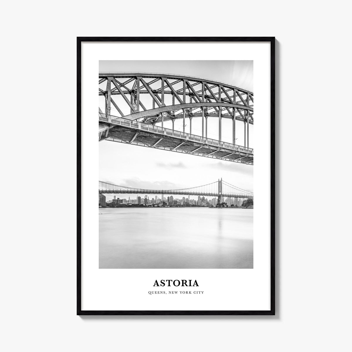 Astoria, New York black & white classic poster of New York, USA – vertical wall art, unframed print shown in interior mockup