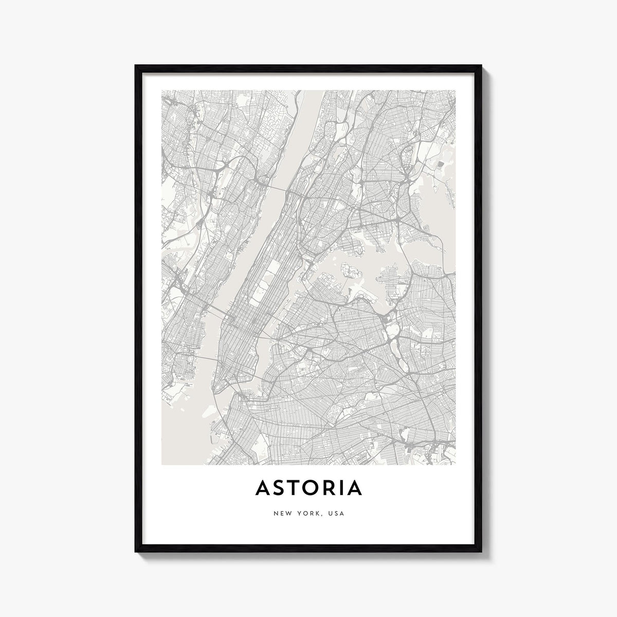 Astoria, New York black & white map poster of New York, USA – vertical wall art, unframed print shown in interior mockup