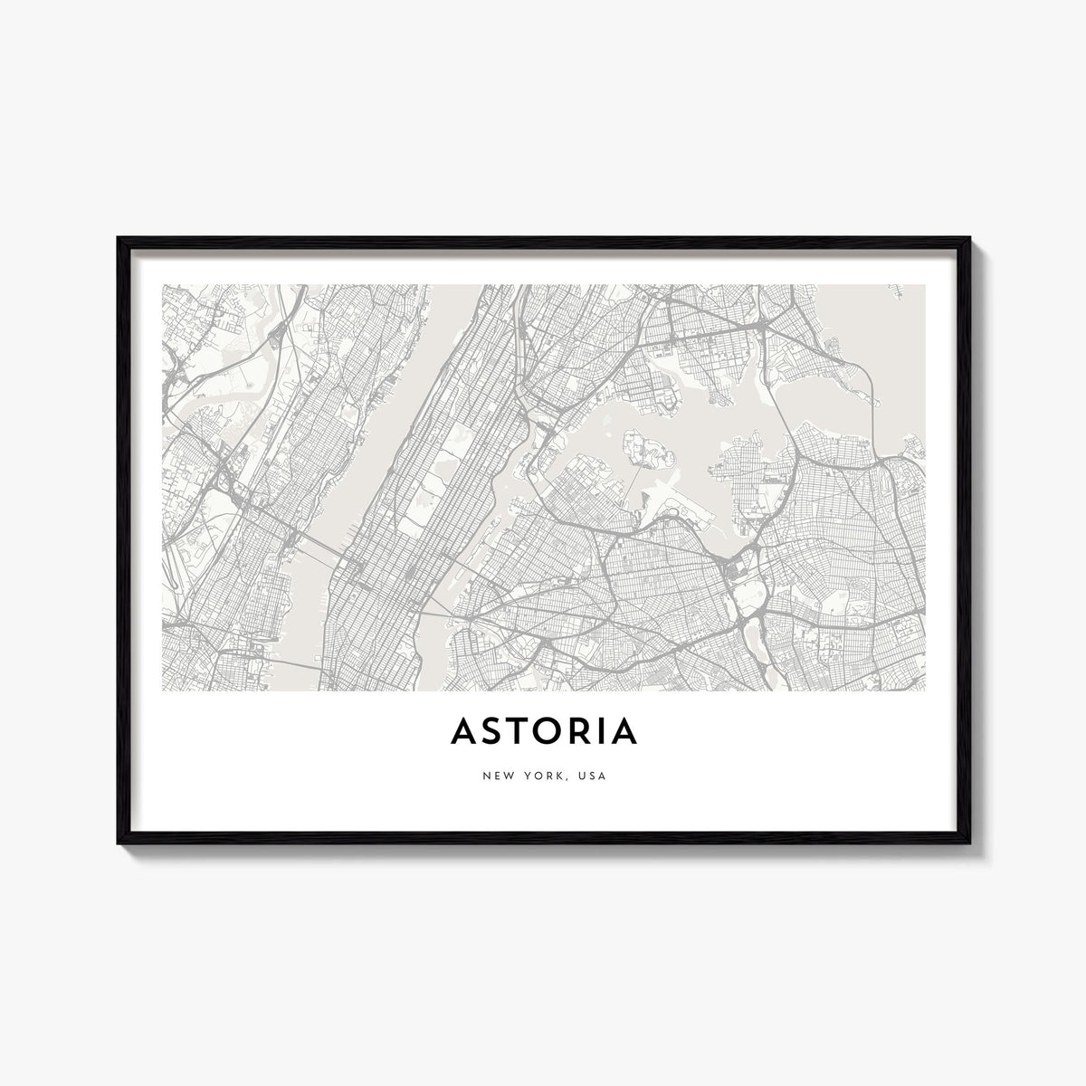 Astoria, New York black & white map poster of New York, USA – horizontal wall art, unframed print shown in interior mockup