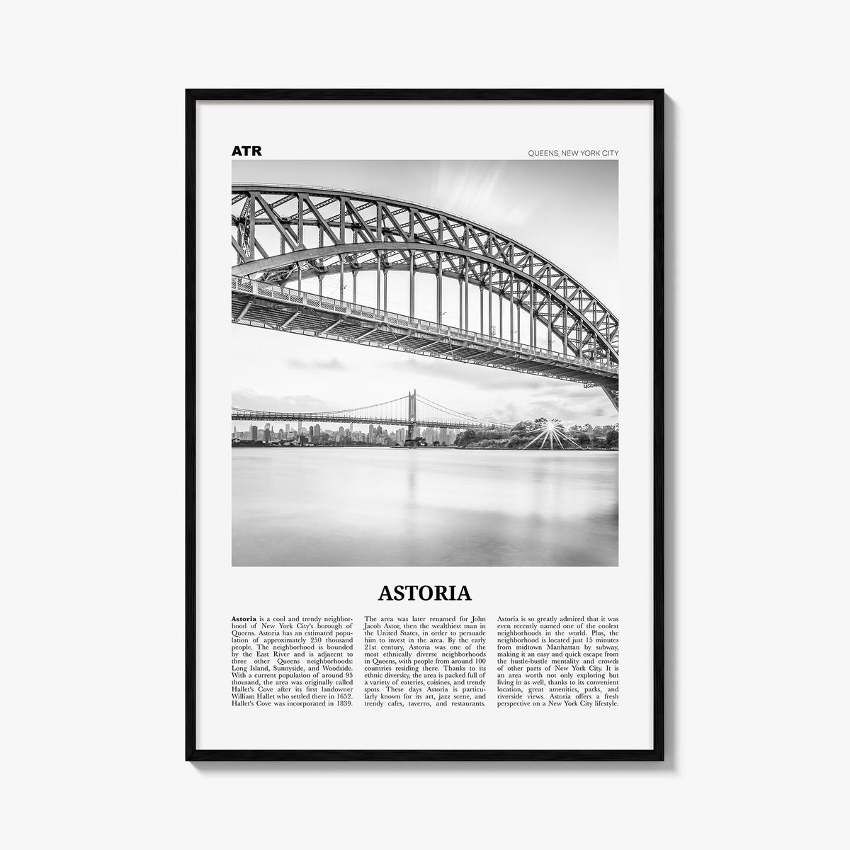 Astoria, New York black & white newspaper poster of New York, USA – vertical wall art, unframed print shown in interior mocku