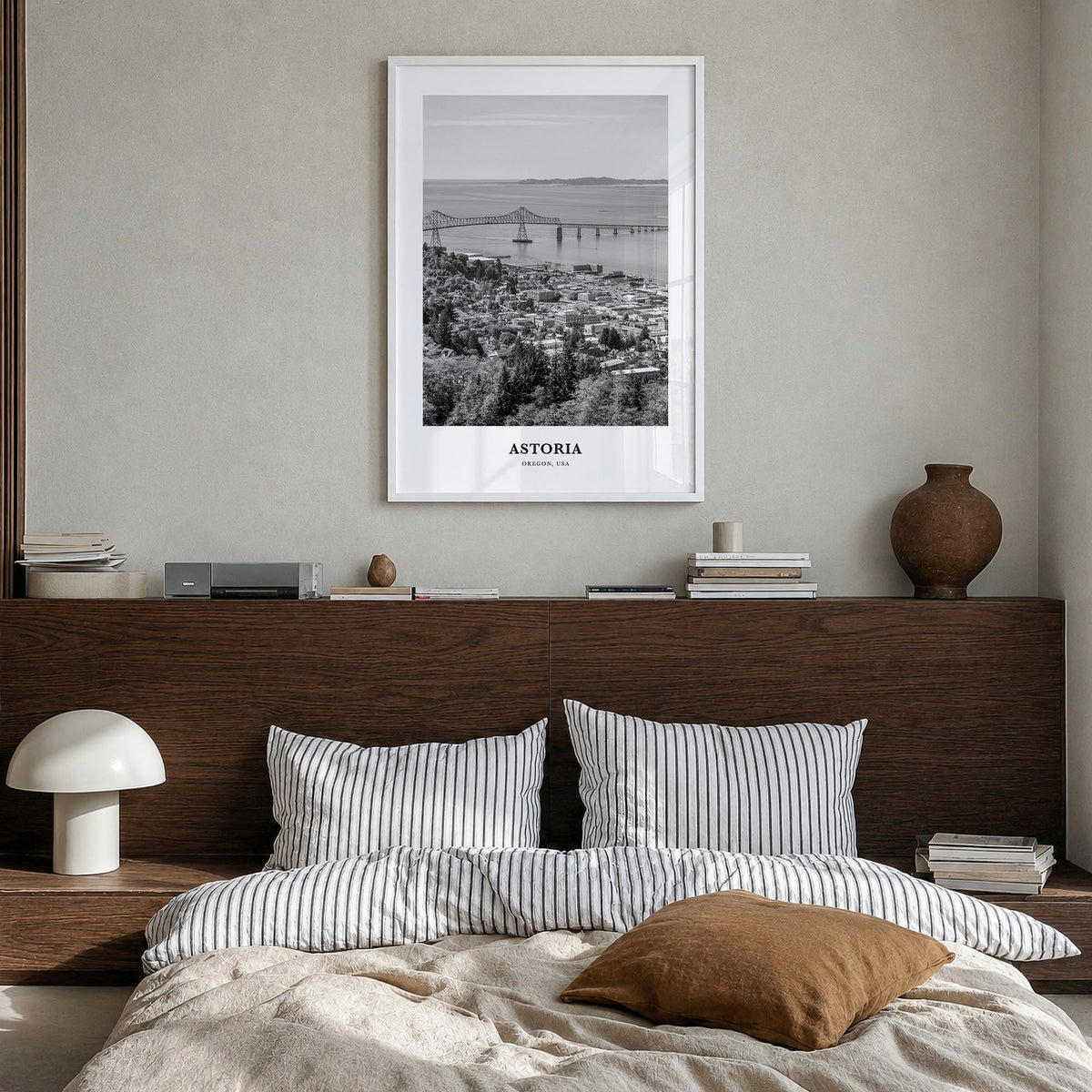 Astoria, Oregon black & white classic poster of Oregon, USA – vertical wall art in white wood frame, hanging on wall