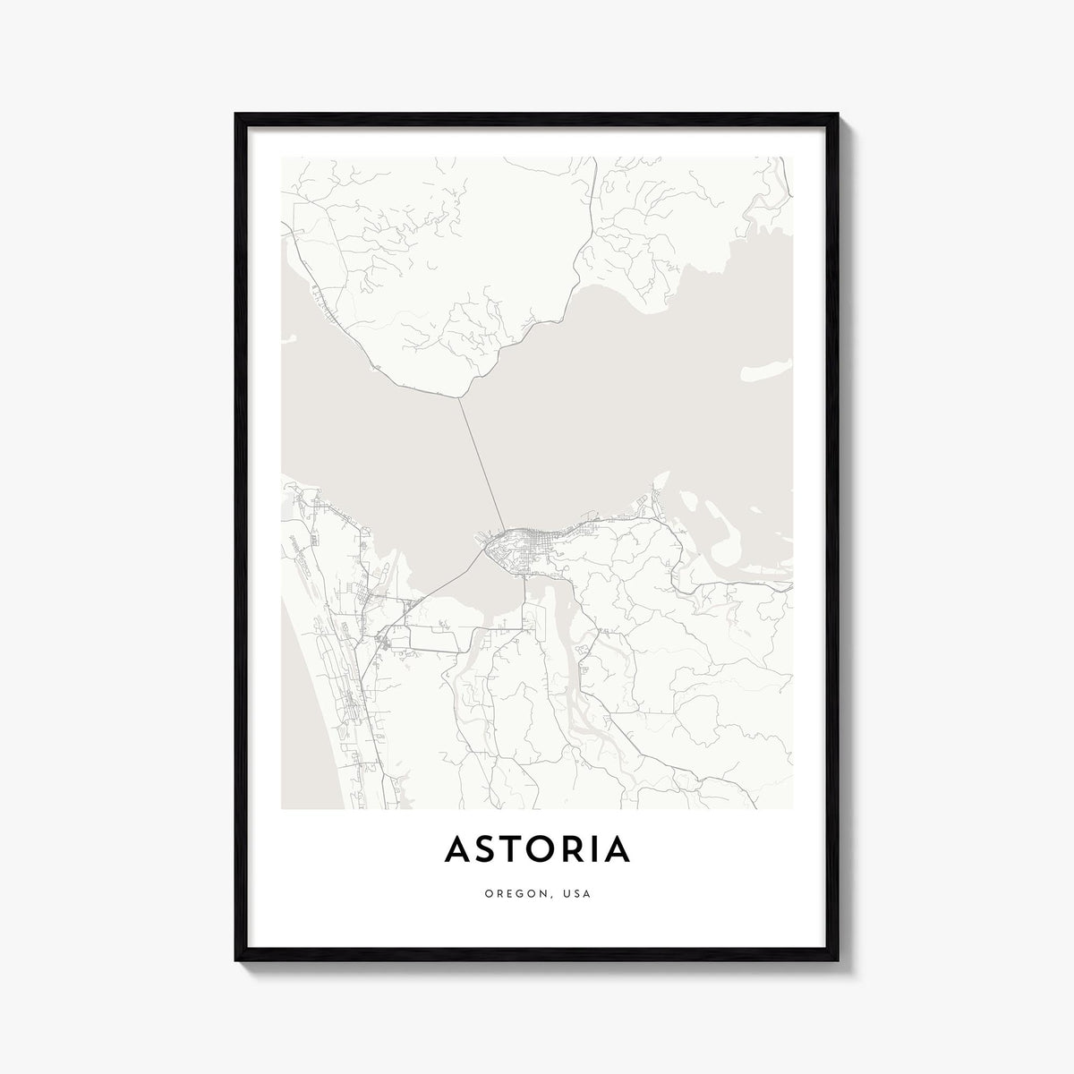 Astoria, Oregon black & white map poster of Oregon, USA – vertical wall art, unframed print shown in interior mockup