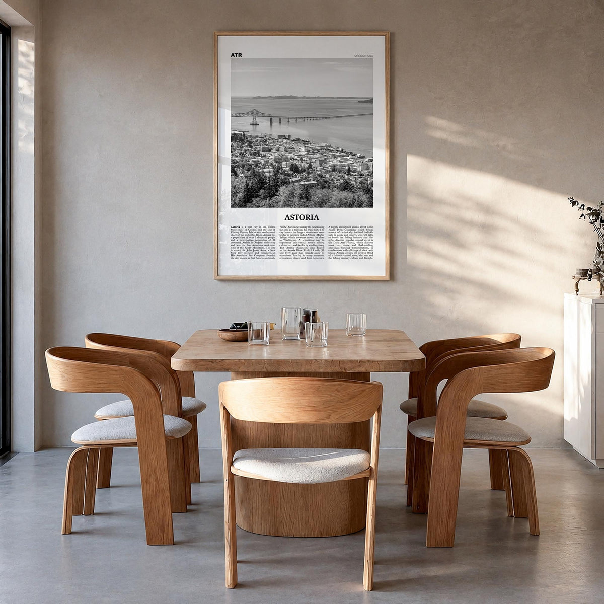 Astoria, Oregon black & white newspaper poster of Oregon, USA – vertical wall art in natural wood frame, hanging on wall