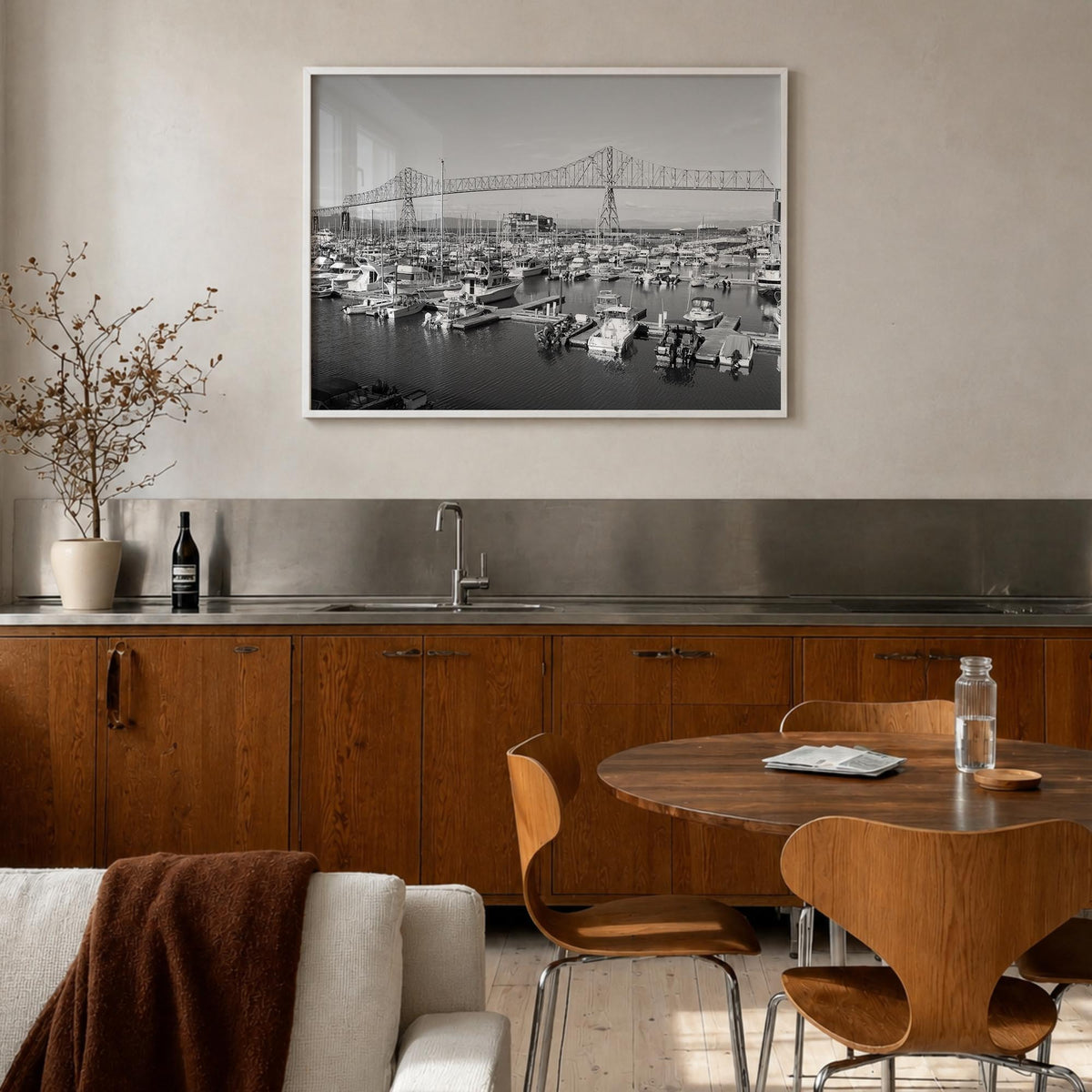 Astoria, Oregon black & white photo poster of Oregon, USA – horizontal wall art in white wood frame, hanging on wall