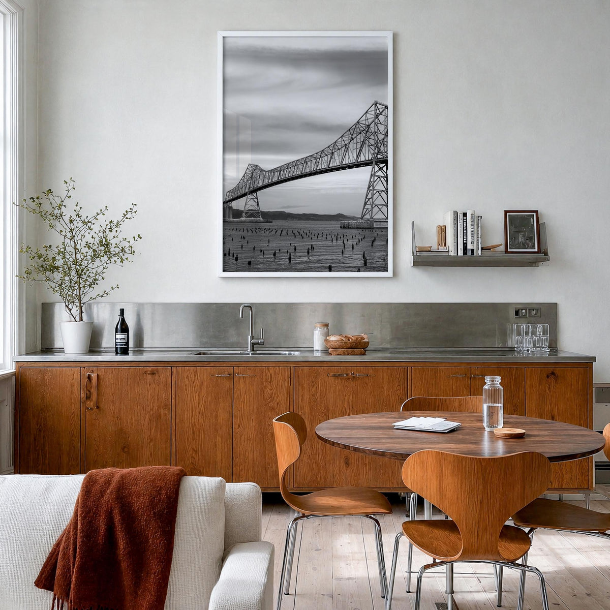 Astoria, Oregon no. 1 black & white photo poster of Oregon, USA – vertical wall art in white wood frame, hanging on wall