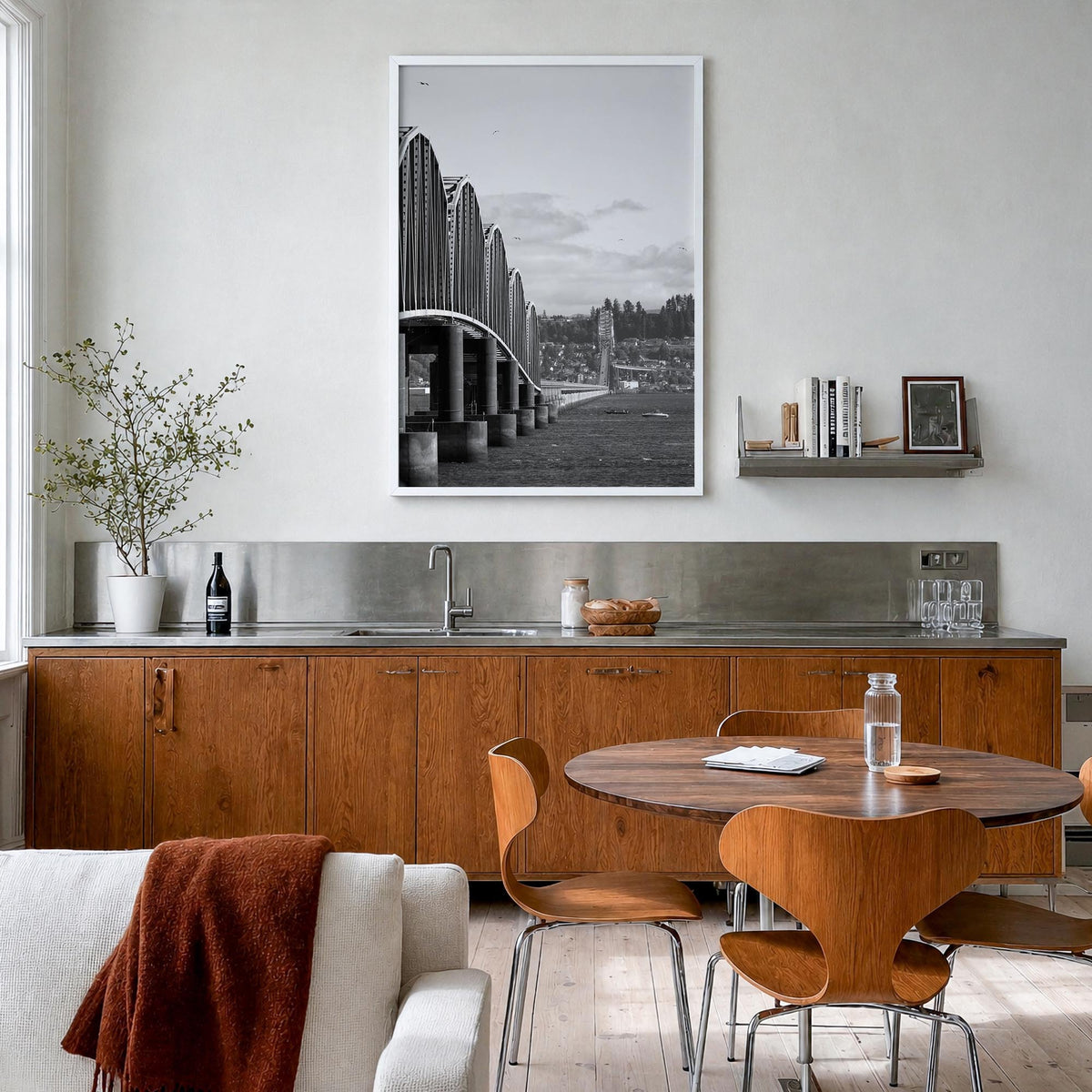 Astoria, Oregon no. 2 black & white photo poster of Oregon, USA – vertical wall art in white wood frame, hanging on wall
