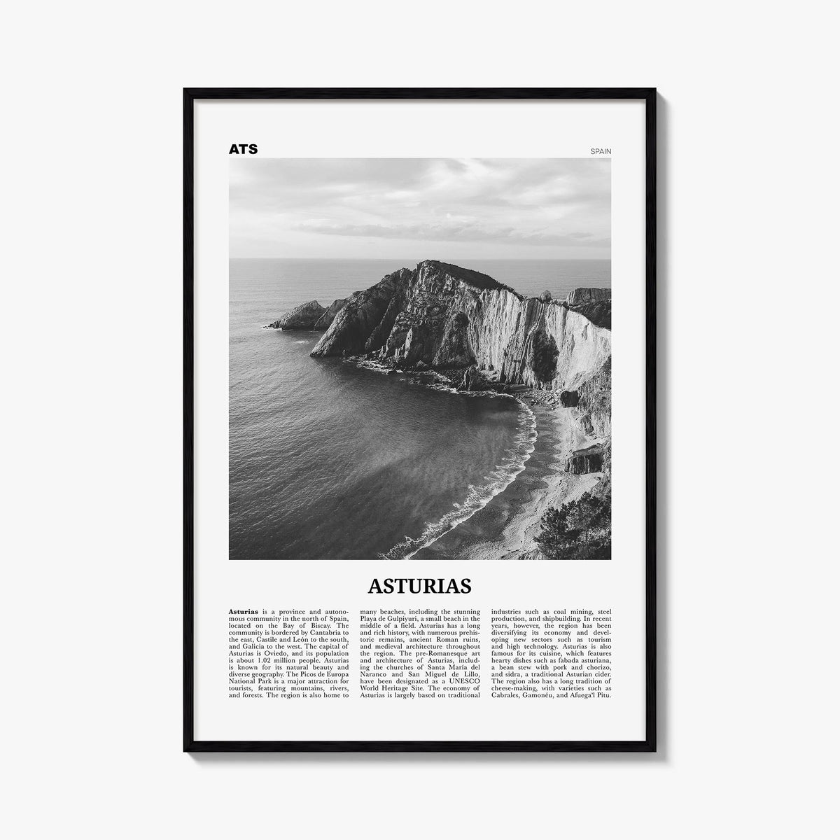 Asturias black & white newspaper poster of Spain – vertical wall art, unframed print shown in interior mockup