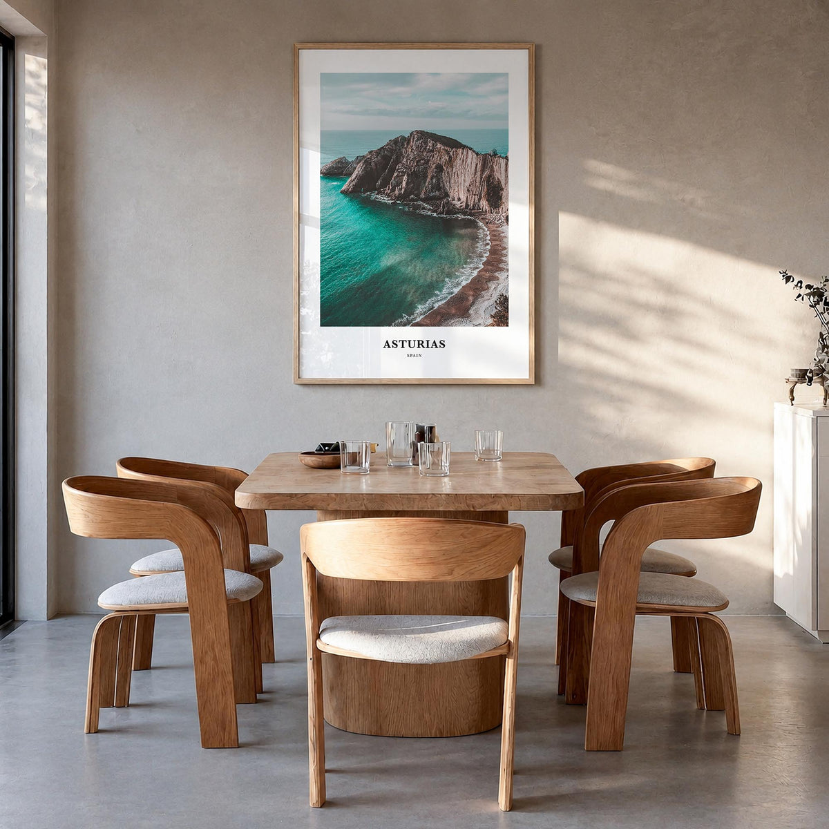 Asturias colorful classic poster of Spain – vertical wall art in natural wood frame, hanging on wall