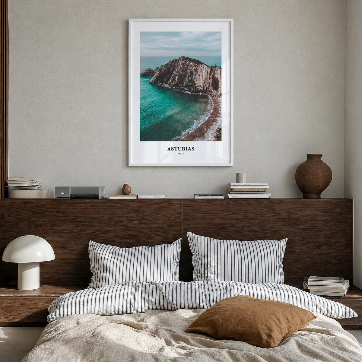 Asturias colorful classic poster of Spain – vertical wall art in white wood frame, hanging on wall
