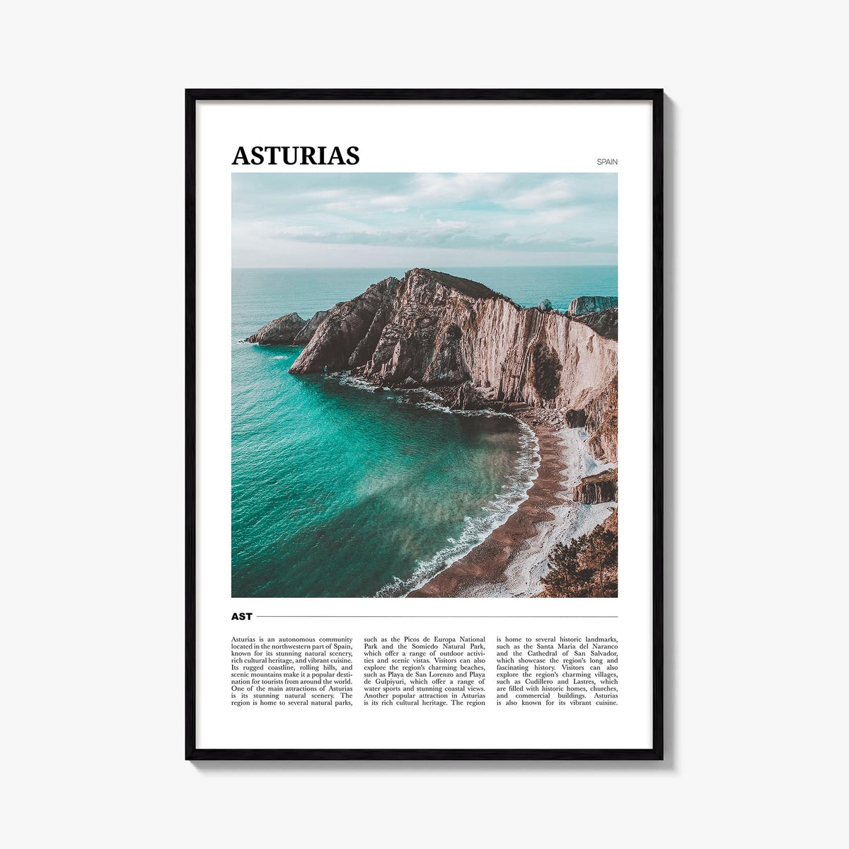 Asturias colorful travel poster of Spain – vertical wall art, unframed print shown in interior mockup