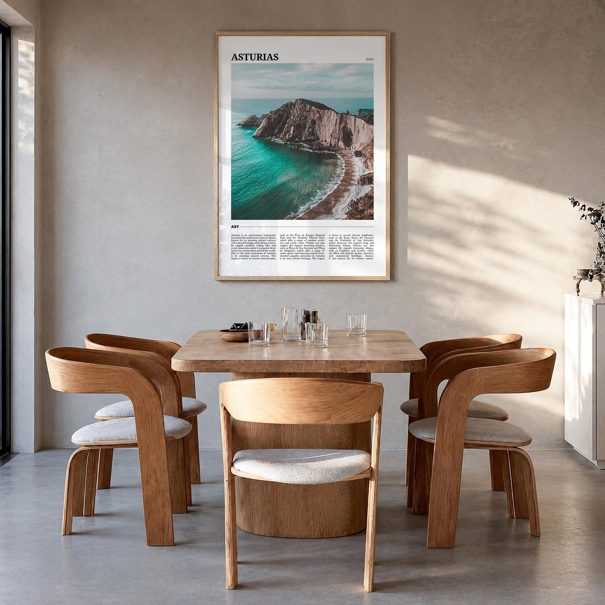 Asturias colorful travel poster of Spain – vertical wall art in natural wood frame, hanging on wall