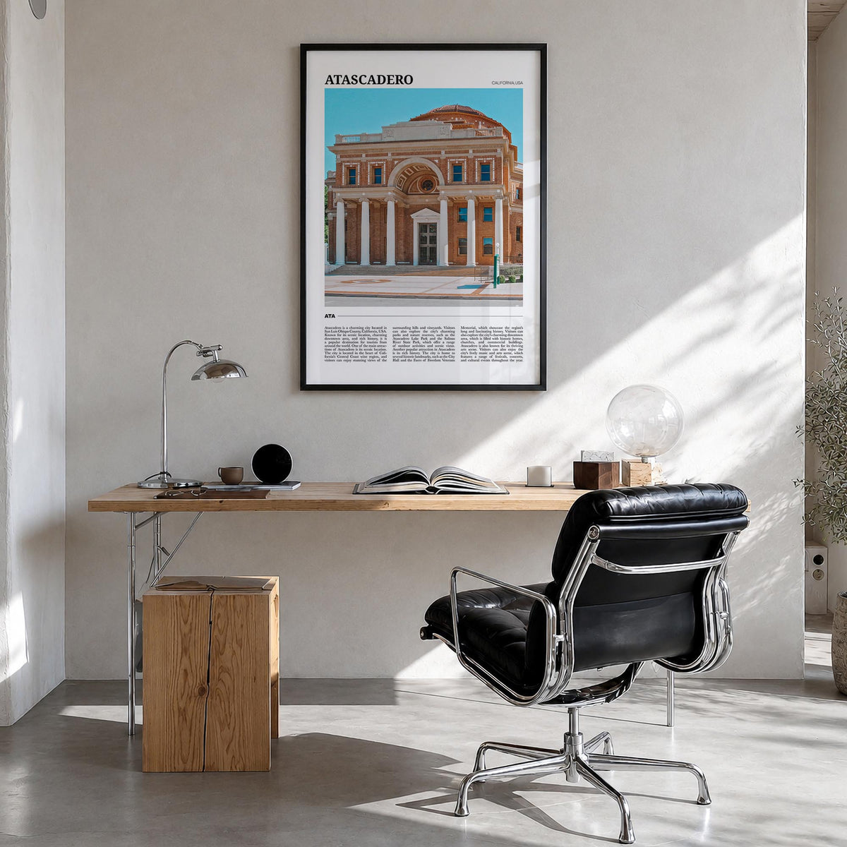 Atascadero colorful travel poster of California, USA – vertical wall art in black wood frame, hanging on wall