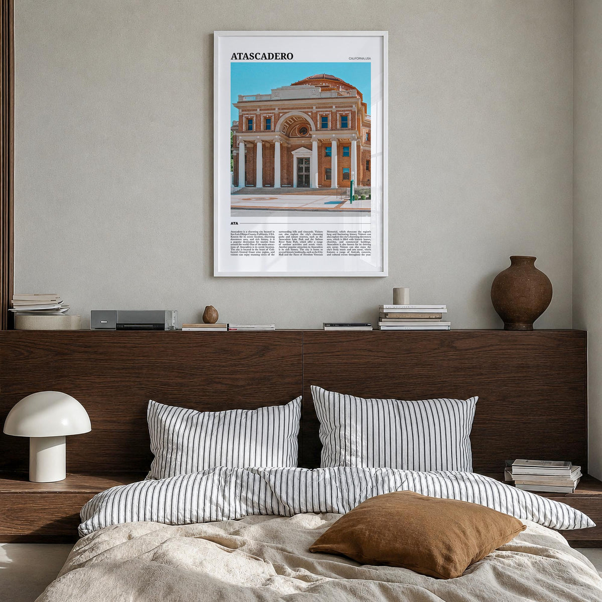 Atascadero colorful travel poster of California, USA – vertical wall art in white wood frame, hanging on wall