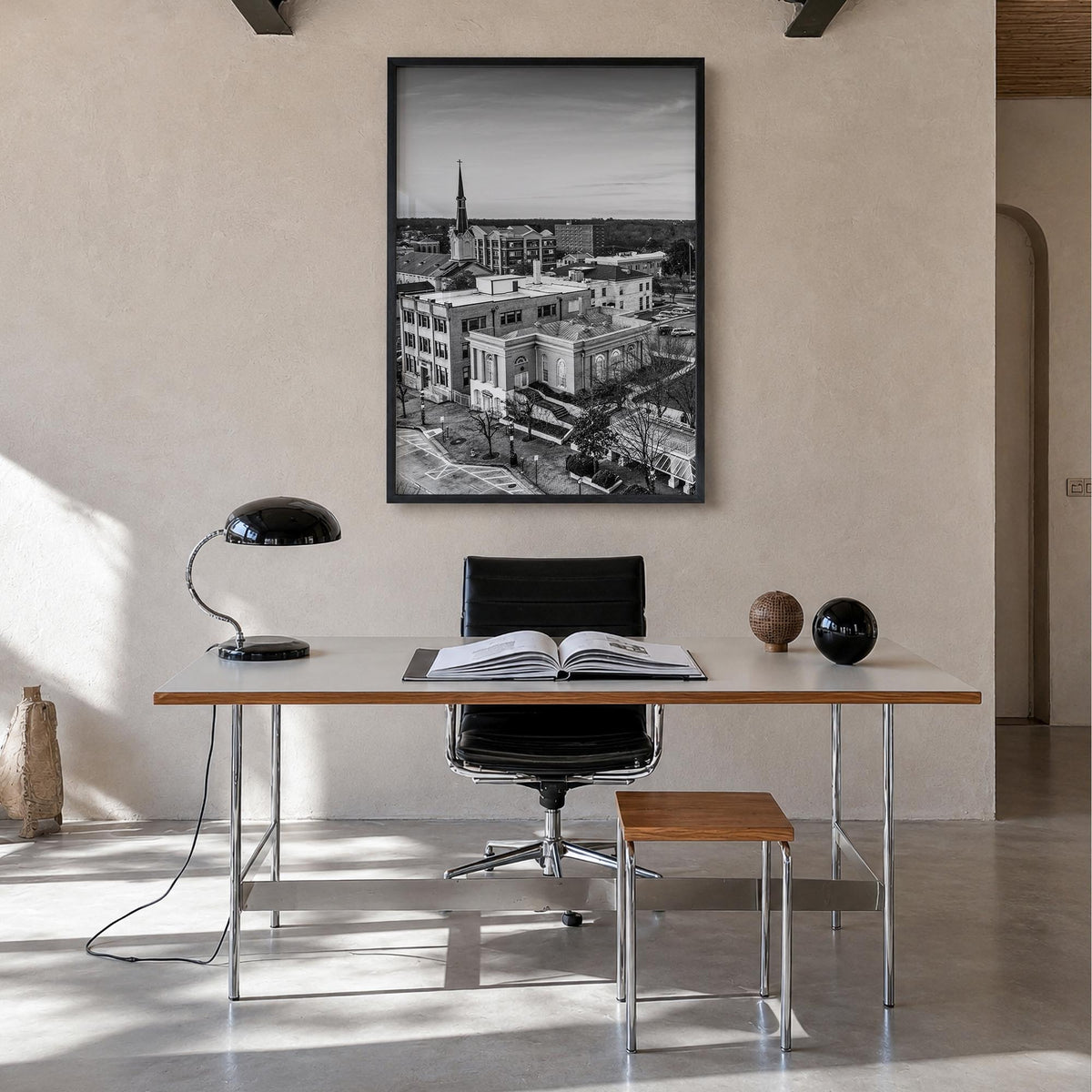 Athens, Georgia black & white photo poster of Georgia, USA – vertical wall art in black wood frame, hanging on wall