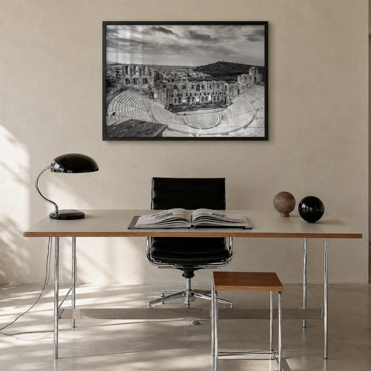 Athens, Greece black & white photo poster of Greece – horizontal wall art in black wood frame, hanging on wall