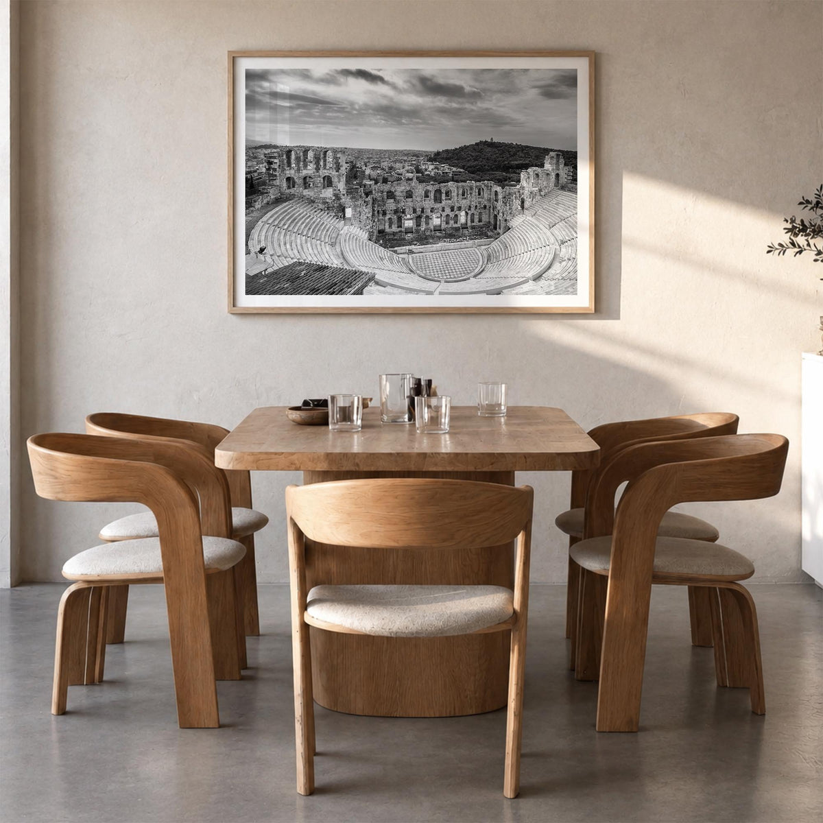 Athens, Greece black & white photo poster of Greece – horizontal wall art in natural wood frame with white border, hanging on