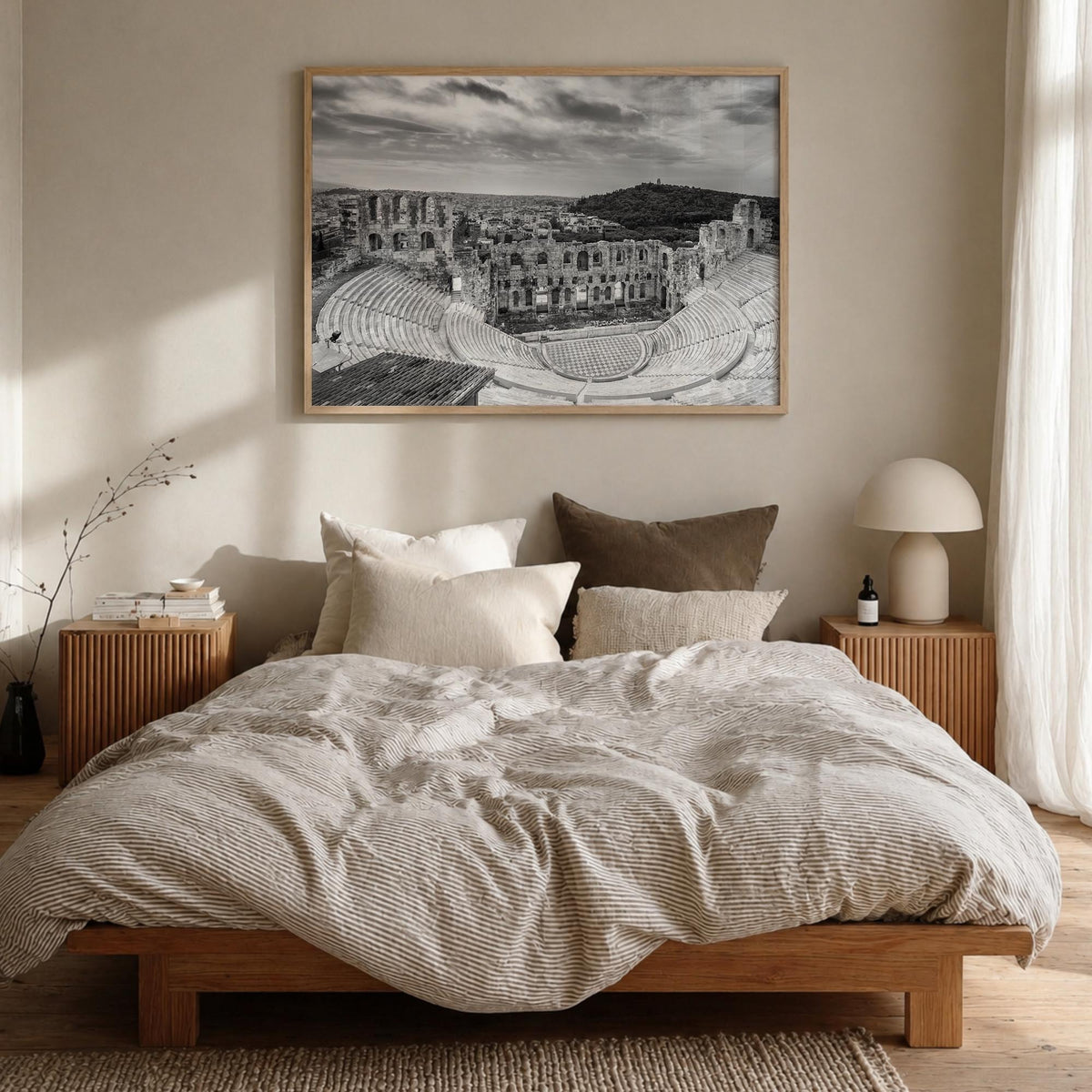 Athens, Greece black & white photo poster of Greece – horizontal wall art in natural wood frame, hanging on wall