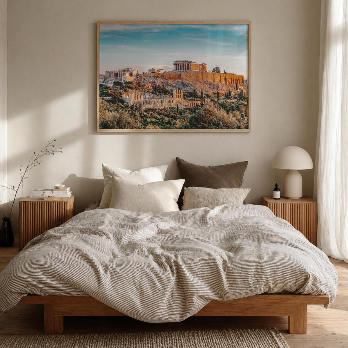 Athens, Greece colorful photo poster of Greece – horizontal wall art in natural wood frame, hanging on wall