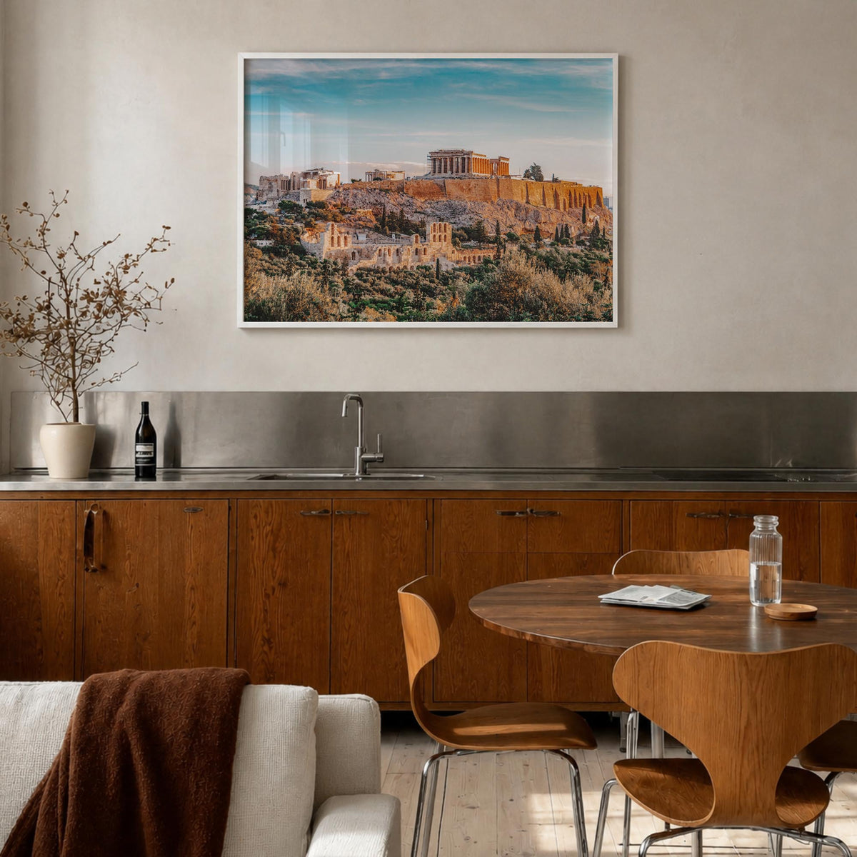 Athens, Greece colorful photo poster of Greece – horizontal wall art in white wood frame, hanging on wall