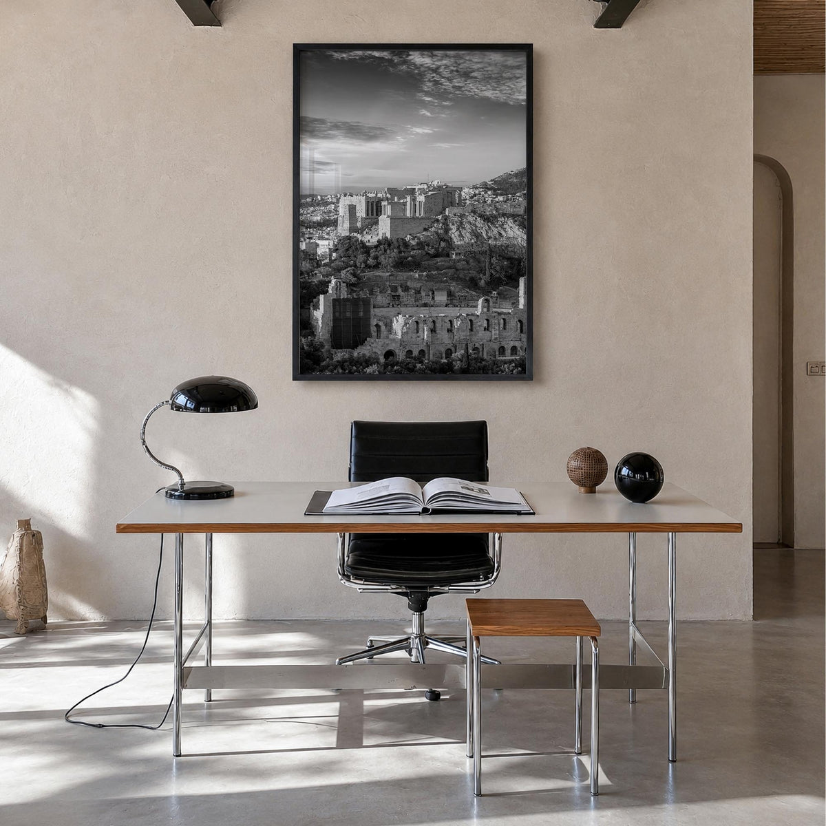 Athens, Greece no. 1 black & white photo poster of Greece – vertical wall art in black wood frame, hanging on wall
