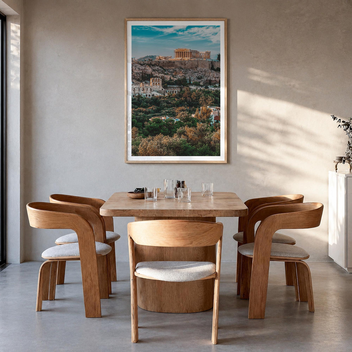 Athens, Greece no. 1 colorful photo poster of Greece – vertical wall art in natural wood frame with white border, hanging on