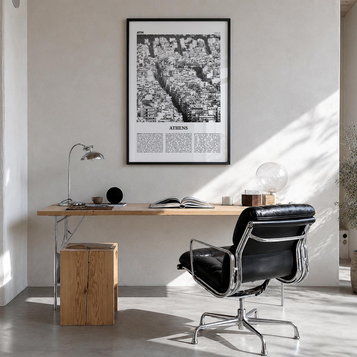 Athens, Greece no. 3 black & white newspaper poster of Greece – vertical wall art in black wood frame, hanging on wall