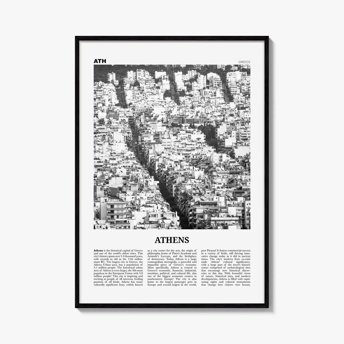 Athens, Greece no. 3 black & white newspaper poster of Greece – vertical wall art, unframed print shown in interior mockup