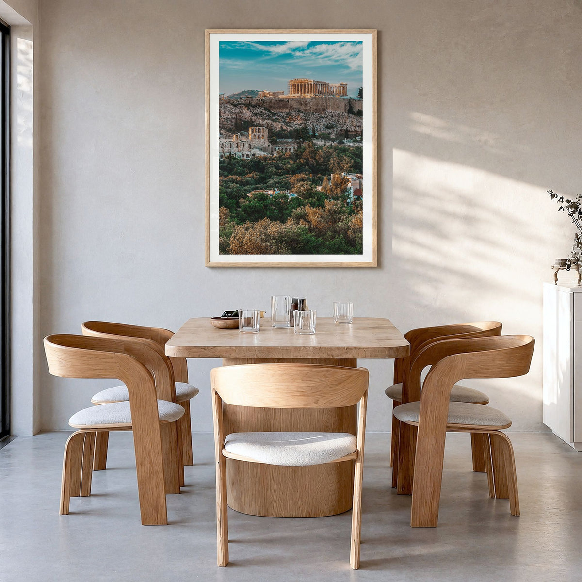 Athens, Greece Photo No 1 Poster in a natural wood frame, hanging in a dining room, white border