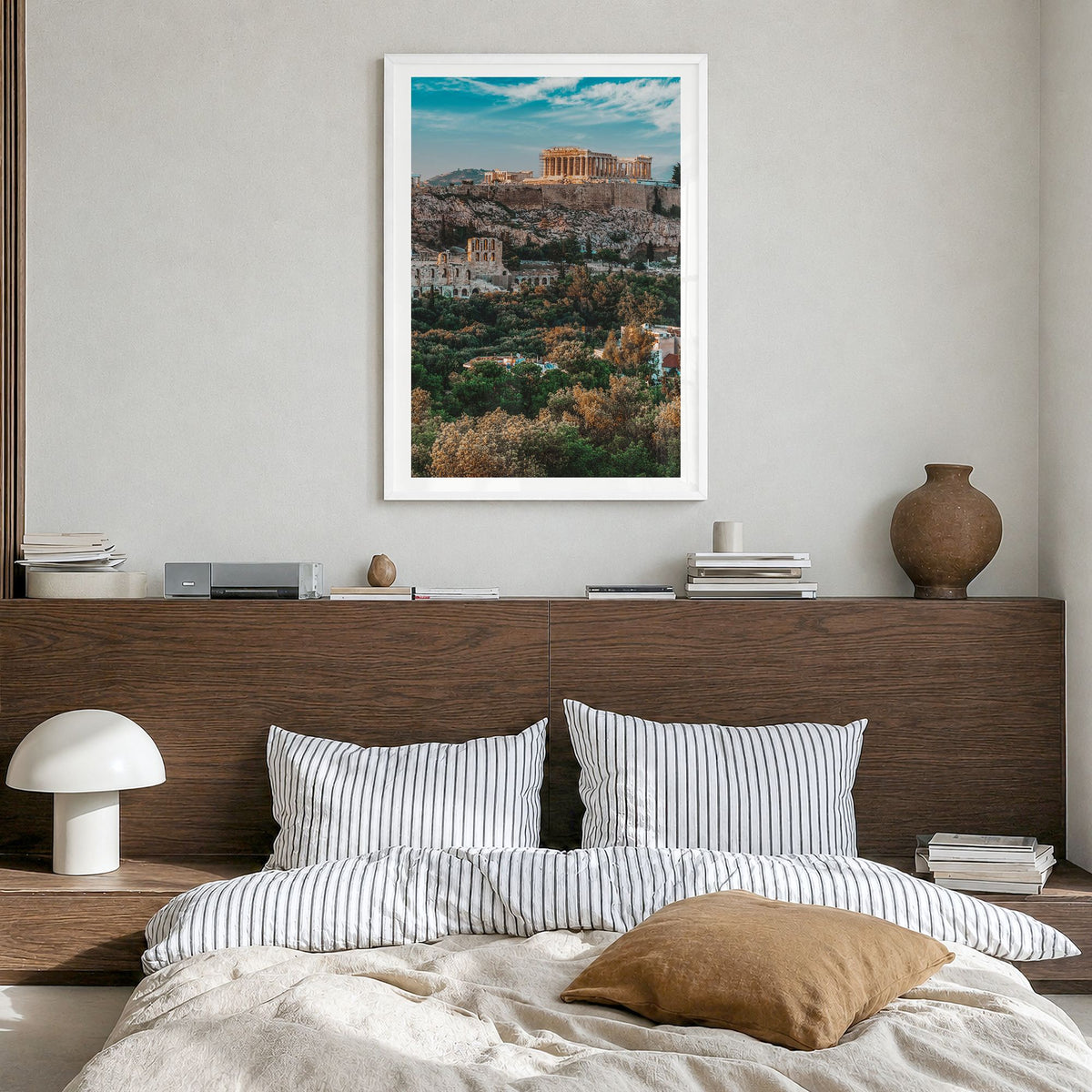 Athens, Greece Photo No 1 Poster in a white wood frame, hanging in a bedroom, white border