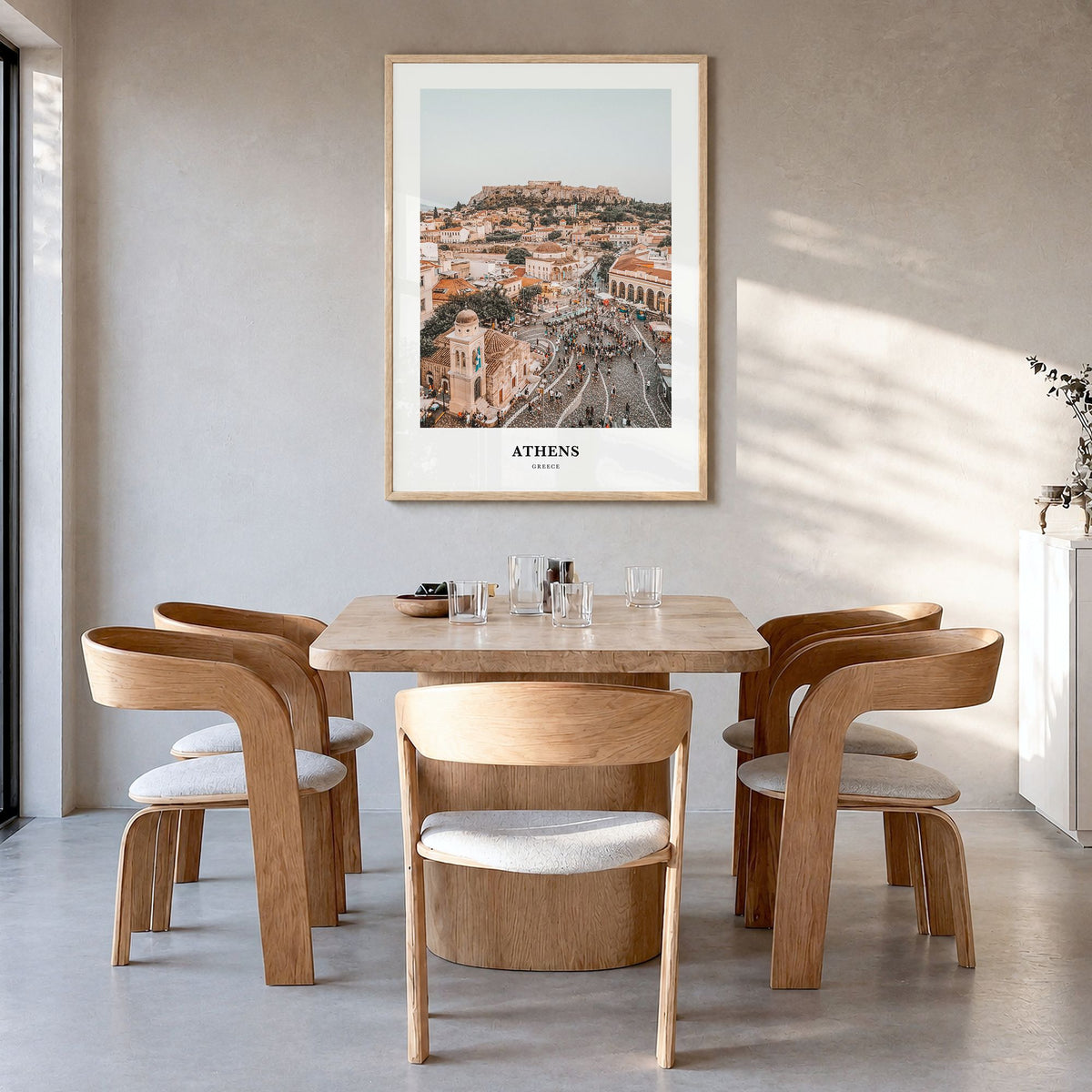 Athens, Greece Classic Poster in a natural wood frame, hanging in a dining room