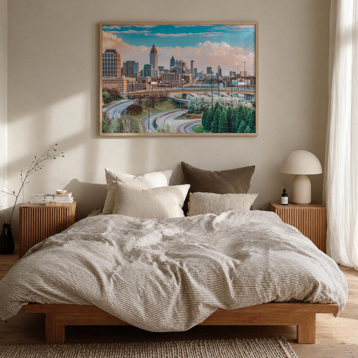 Atlanta colorful photo poster of Georgia, USA – horizontal wall art in natural wood frame, hanging on wall
