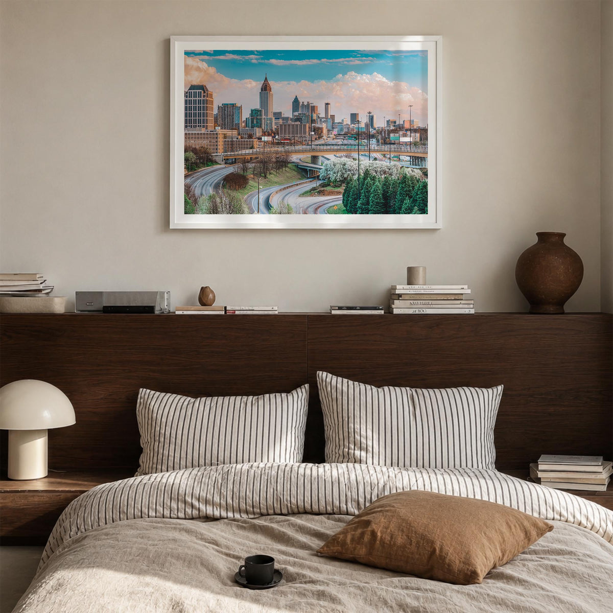 Atlanta colorful photo poster of Georgia, USA – horizontal wall art in white wood frame with white border, hanging on wall