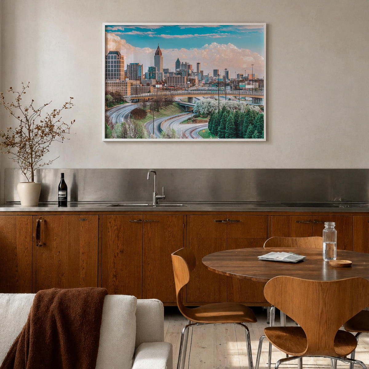 Atlanta colorful photo poster of Georgia, USA – horizontal wall art in white wood frame, hanging on wall