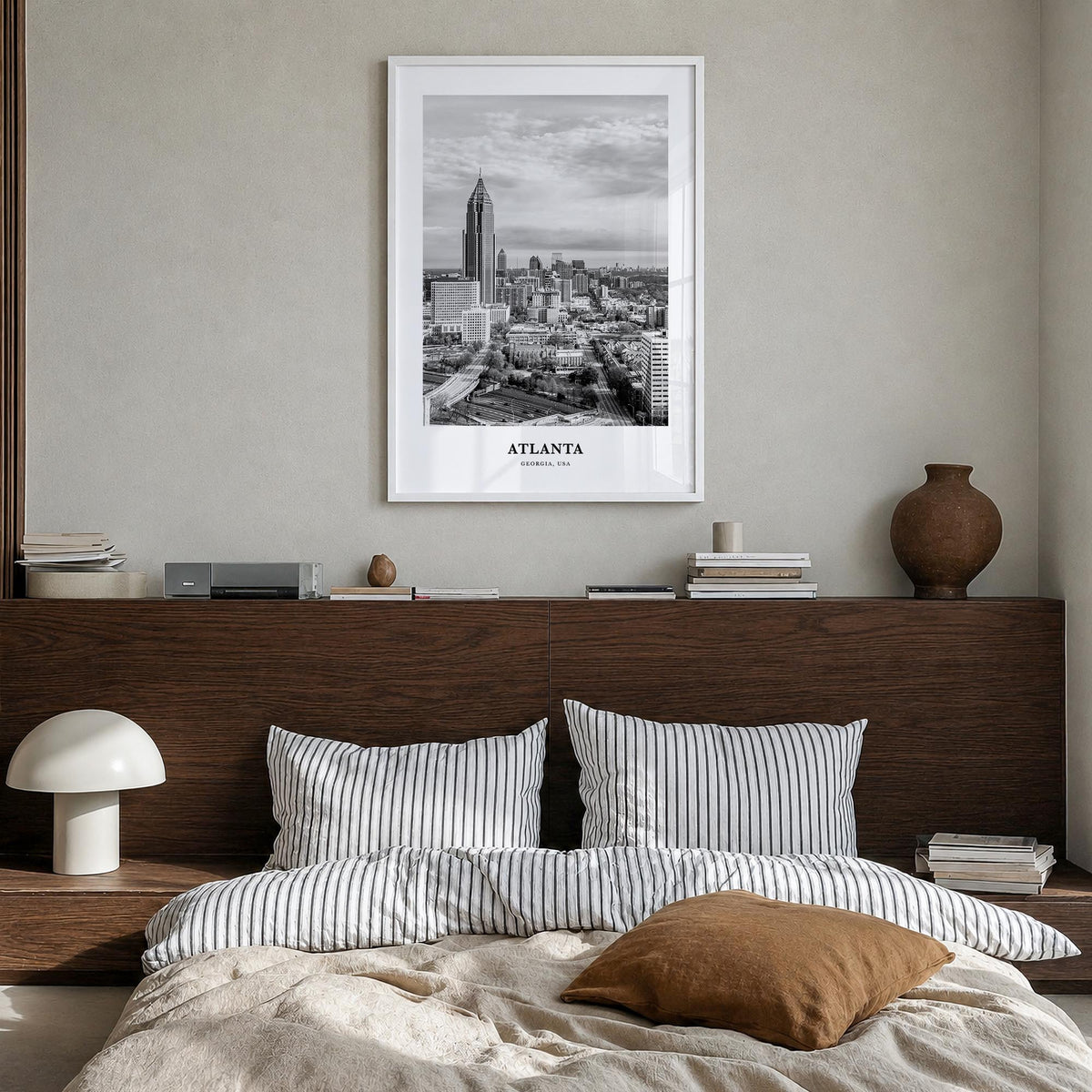 Atlanta no. 2 black & white classic poster of Georgia, USA – vertical wall art in white wood frame, hanging on wall