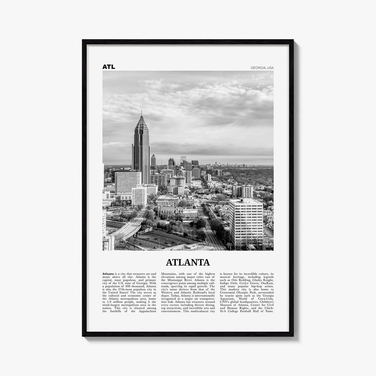 Atlanta no. 2 black & white newspaper poster of Georgia, USA – vertical wall art, unframed print shown in interior mockup