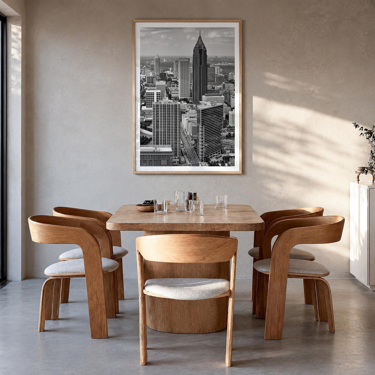 Atlanta no. 2 black & white photo poster of Georgia, USA – vertical wall art in natural wood frame with white border, hanging